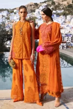 Maria b, luxe lawn 25’ , 3 PIECE SUIT , unstitched, lawn , orange color , D-2505-b, 2 styles