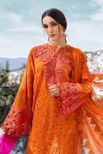 Maria b, luxe lawn 25’ , 3 PIECE SUIT , unstitched, lawn , orange color , D-2505-b, FRONT shirt