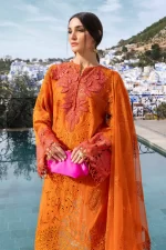 Maria b, luxe lawn 25’ , 3 PIECE SUIT , unstitched, lawn , orange color , D-2505-b, FRONT shirt style