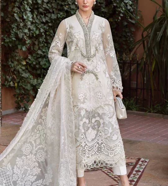Maria b, luxe lawn 25’ , 3 PIECE SUIT , unstitched, lawn , pearl white color , D-2506-a, FRONT