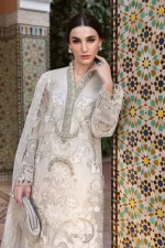 Maria b, luxe lawn 25’ , 3 PIECE SUIT , unstitched, lawn , pearl white color , D-2506-a, FRONT neck