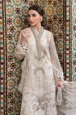 Maria b, luxe lawn 25’ , 3 PIECE SUIT , unstitched, lawn , pearl white color , D-2506-a, FRONT shirt look
