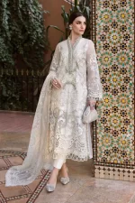 Maria b, luxe lawn 25’ , 3 PIECE SUIT , unstitched, lawn , pearl white color , D-2506-a, Full dress