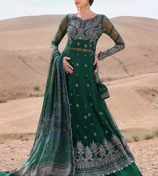 Maria b, luxe lawn 25’ , 3 PIECE SUIT , unstitched, lawn , green , D-2507-a, FRONT