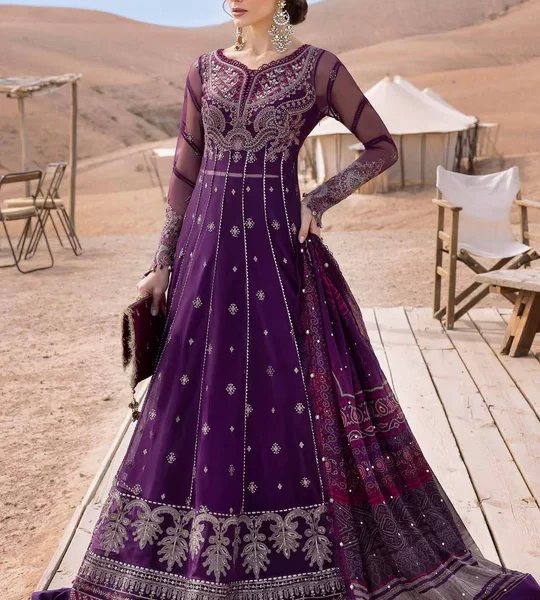 Maria b luxe lawn 25’ , 3 PIECE SUIT , unstitched, lawn , plum , D-2507-b, FRONT