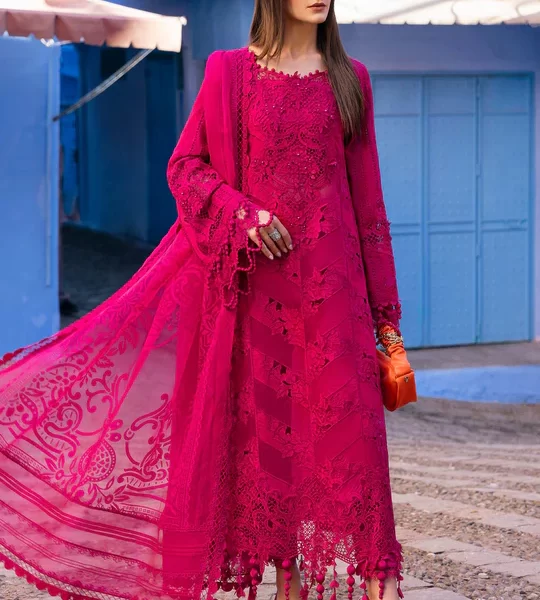 Maria b, luxe lawn 25’ , 3 PIECE SUIT , unstitched, lawn , Fuchsia Pink color , D-2508-a, FRONT