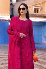 Maria b, luxe lawn 25’ , 3 PIECE SUIT , unstitched, lawn , Fuchsia Pink color , D-2508-a, FRONT sirt style