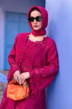 Maria b, luxe lawn 25’ , 3 PIECE SUIT , unstitched, lawn , Fuchsia Pink color , D-2508-a, FRONT top