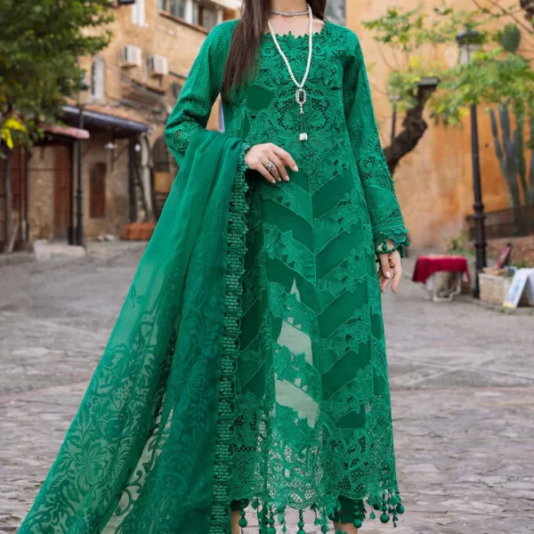 Maria b, luxe lawn 25’ , 3 PIECE SUIT , unstitched, lawn , Emerald Green color , D-2508-b, FRONT