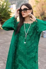 Maria b, luxe lawn 25’ , 3 PIECE SUIT , unstitched, lawn , Emerald Green color , D-2508-b, FRONT shirt