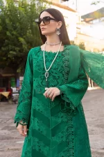 Maria b, luxe lawn 25’ , 3 PIECE SUIT , unstitched, lawn , Emerald Green color , D-2508-b, short and sleeves