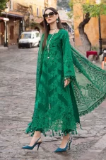 Maria b, luxe lawn 25’ , 3 PIECE SUIT , unstitched, lawn , Emerald Green color , D-2508-b, FRONT full view
