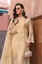 Maria b, luxe lawn 25’ , 3 PIECE SUIT , unstitched, lawn , yellow color , D-2509-a, FRONT shirt