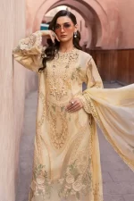 Maria b, luxe lawn 25’ , 3 PIECE SUIT , unstitched, lawn , yellow color , D-2509-a, FRONT shirt neck