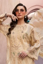 Maria b, luxe lawn 25’ , 3 PIECE SUIT , unstitched, lawn , yellow color , D-2509-a, FRONt neck style