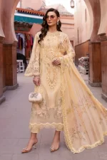 Maria b, luxe lawn 25’ , 3 PIECE SUIT , unstitched, lawn , yellow color , D-2509-a, FRONT full look