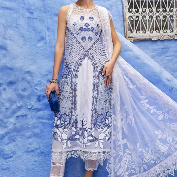 Maria b, luxe lawn 25’ , 3 PIECE SUIT , unstitched, lawn , white color , D-2510-a, FRONT