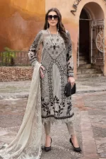 Maria b, luxe lawn 25’ , 3 PIECE SUIT , unstitched, lawn , mouse grey color , D-2510-b, FRONT