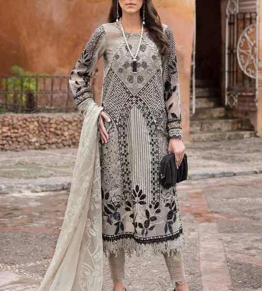 Maria b, luxe lawn 25’ , 3 PIECE SUIT , unstitched, lawn , mouse grey color , D-2510-b, FRONT