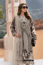 Maria b, luxe lawn 25’ , 3 PIECE SUIT , unstitched, lawn , mouse grey color , D-2510-b, FRONT neck style