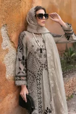 Maria b, luxe lawn 25’ , 3 PIECE SUIT , unstitched, lawn , mouse grey color , D-2510-b, FRONT shirt and dupatta