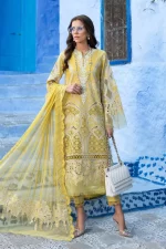 Maria b, luxe lawn 25’ , 3 PIECE SUIT , unstitched, lawn , lime yellow color , D-2512-a, FRONT