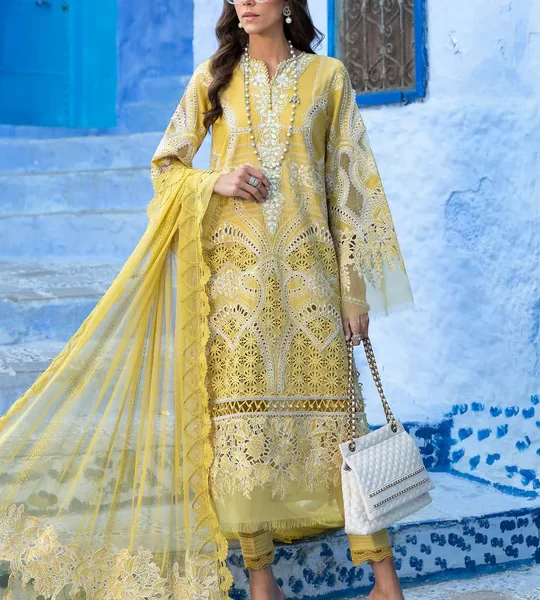 Maria b, luxe lawn 25’ , 3 PIECE SUIT , unstitched, lawn , lime yellow color , D-2512-a, FRONT