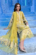 Maria b, luxe lawn 25’ , 3 PIECE SUIT , unstitched, lawn , lime yellow color , D-2512-a, FRONT shirt and dupatta