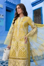 Maria b, luxe lawn 25’ , 3 PIECE SUIT , unstitched, lawn , lime yellow color , D-2512-a, FRONT neck
