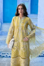 Maria b, luxe lawn 25’ , 3 PIECE SUIT , unstitched, lawn , lime yellow color , D-2512-a, FRONT top