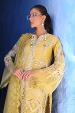 Maria b, luxe lawn 25’ , 3 PIECE SUIT , unstitched, lawn , lime yellow color , D-2512-a, shirt neck style