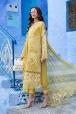 Maria b, luxe lawn 25’ , 3 PIECE SUIT , unstitched, lawn , lime yellow color , D-2512-a, side look