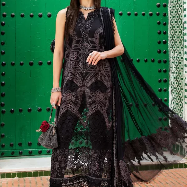 Maria b, luxe lawn 25’ , 3 PIECE SUIT , unstitched, lawn , Black color , D-2512-b, FRONT