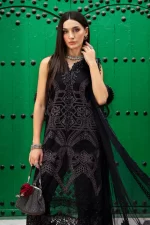 Maria b, luxe lawn 25’ , 3 PIECE SUIT , unstitched, lawn , Black color , D-2512-b, FRONT shirt