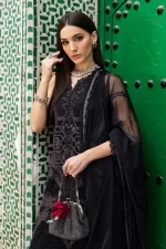 Maria b, luxe lawn 25’ , 3 PIECE SUIT , unstitched, lawn , Black color , D-2512-b, FRONT shirt look