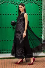 Maria b, luxe lawn 25’ , 3 PIECE SUIT , unstitched, lawn , Black color , D-2512-b, side look