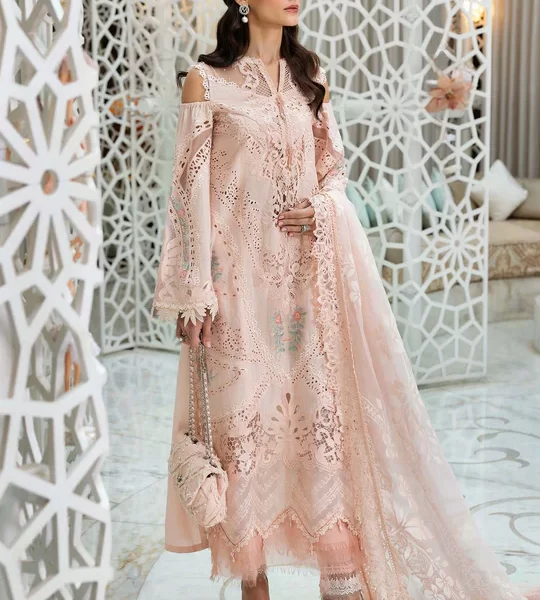 Maria b, luxe lawn 25’ , 3 PIECE SUIT , unstitched, lawn , peach color , D-2513-a, FRONT
