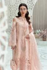 Maria b, luxe lawn 25’ , 3 PIECE SUIT , unstitched, lawn , peach color , D-2513-a, FRONT shirt