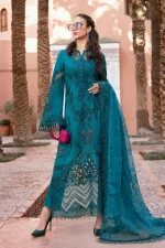 Maria b, luxe lawn 25’ , 3 PIECE SUIT , unstitched, lawn , teal color , D-2513-b, FRONT