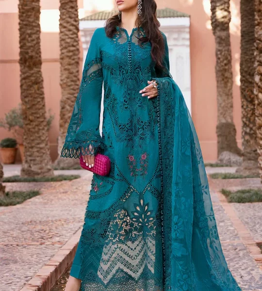 Maria b, luxe lawn 25’ , 3 PIECE SUIT , unstitched, lawn , teal color , D-2513-b, FRONT