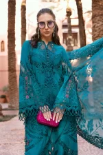 Maria b, luxe lawn 25’ , 3 PIECE SUIT , unstitched, lawn , teal color , D-2513-b, FRONT shirt