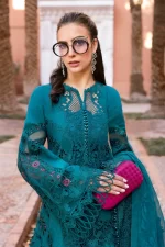 Maria b, luxe lawn 25’ , 3 PIECE SUIT , unstitched, lawn , teal color , D-2513-b, FRONT shirt and sleeves