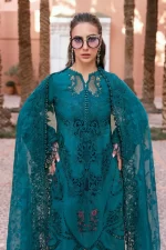 Maria b, luxe lawn 25’ , 3 PIECE SUIT , unstitched, lawn , teal color , D-2513-b, FRONT neck