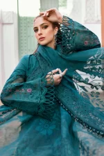 Maria b, luxe lawn 25’ , 3 PIECE SUIT , unstitched, lawn , teal color , D-2513-b, sleeves style and dupatta