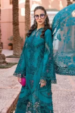 Maria b, luxe lawn 25’ , 3 PIECE SUIT , unstitched, lawn , teal color , D-2513-b, shirt style