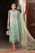 Maria b, luxe lawn 25’ , 3 PIECE SUIT , unstitched, lawn , aqua color , D-2514-a, FRONT