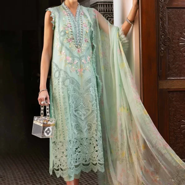 Maria b, luxe lawn 25’ , 3 PIECE SUIT , unstitched, lawn , aqua color , D-2514-a, FRONT