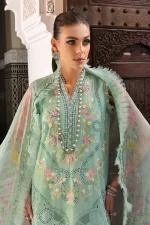 Maria b, luxe lawn 25’ , 3 PIECE SUIT , unstitched, lawn , aqua color , D-2514-a, FRONT neck