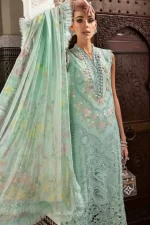 Maria b, luxe lawn 25’ , 3 PIECE SUIT , unstitched, lawn , aqua color , D-2514-a, FRONT shirt and dupatta