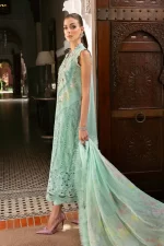 Maria b, luxe lawn 25’ , 3 PIECE SUIT , unstitched, lawn , aqua color , D-2514-a, side look full